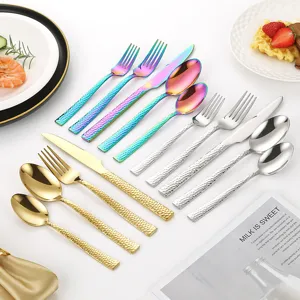 Modernes 430 Edelstahl Besteck Diamant Gehämmerter Quadratischer Griff Steakmesser Abendessen Gabel Löffel Dessert Teelöffel