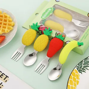 Schattig Fruitvorm Kinderservies Set 304 Roestvrij Stalen Lepel En Vork Met Zachte Siliconen Handgreep Babyvoeding Servies Cadeaudoos
