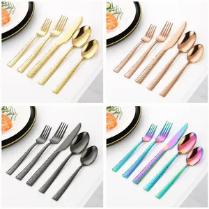 Edelstahl gehämmertes Besteck Set 5-teilig Küchengeschirr quadratischer Griff gold schwarz