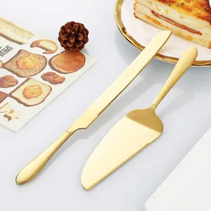 Juego de servidor de pastel y cuchillo de pan de acero inoxidable dorado para postre.