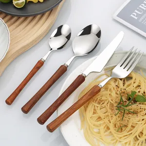 Wooden handle stainless steel cutlery set, Japanese style tableware knife fork spoon.