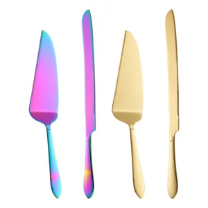 Set de pala para pastel y cuchillo de pan de acero inoxidable, acabado arcoíris y oro.