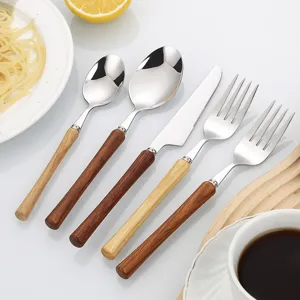 Wooden handle stainless steel cutlery set, elegant Japanese style western kitchen tableware.
