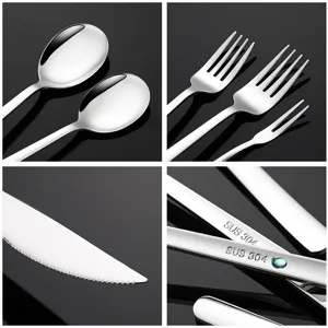 Stainless steel cutlery set detail shots showing spoons, forks, knife and 304 mark.