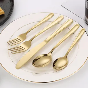 Goldener Besteckset 5-teilig Edelstahl Messer Gabel Löffel Set für Küche Tisch.