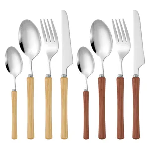 Stainless steel flatware set with wooden handle luxury kitchen tableware knife fork and spoon