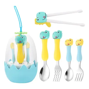 Set stoviglie dinosauro per bambini con custodia a uovo, cucchiaio forchetta bacchette