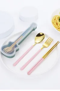 Guitar shaped portable tableware set detail, pink handle stainless steel spoon fork chopstick