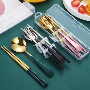 Portable 304 Stainless Steel Cutlery Set Spoon Fork Chopsticks With Transparent Travel Case Mirror Polished Flatware For Student Office Camping