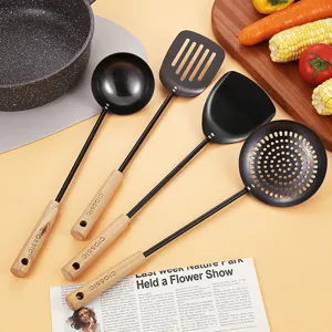 Quality kitchen utensil set with wooden handles, spatula, ladle, and slotted spoon for cooking.