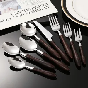Stainless steel cutlery set with wooden handles steak knife fork spoon kitchen tableware