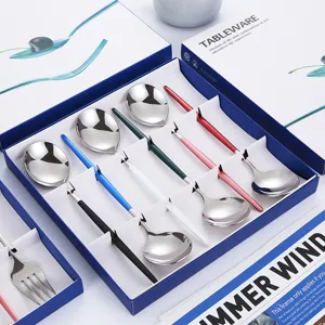 Stainless steel Portuguese style flatware spoon and fork gift set with colorful handles.
