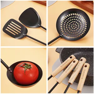Cast iron kitchen utensils set with wooden handle, durable spatula and skimmer for home cooking.