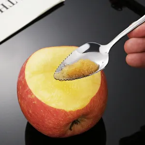 Stainless steel serrated fruit spoon for scraping baby food mud and dessert cake eating.