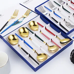 Stainless steel spoon fork gift set luxury tableware set black gold kitchen flatware