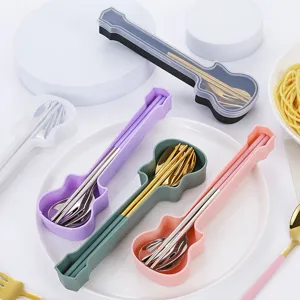 Portable Guitar Shaped Cutlery Set 304 Stainless Steel Spoon Fork Chopsticks With Travel Storage Case For School Office Picnic