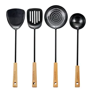 Cast iron kitchen utensil set with wooden handle spatula skimmer ladle cooking tools
