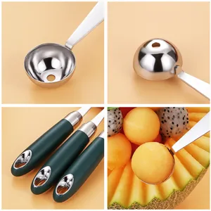 Set de cuchara de bola de melon de fruta de acero inoxidable con mango verde cocina
