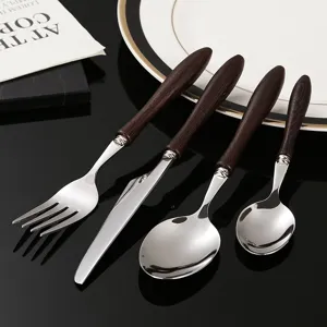 Stainless steel flatware set with wooden handle fork knife spoon western tableware decor