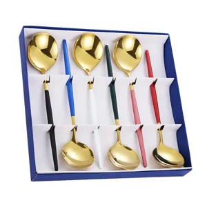 Stainless steel gold head spoon set with colorful handles in gift box tableware.