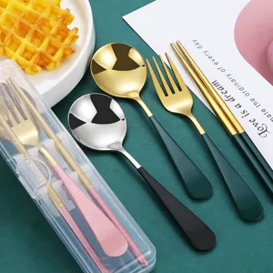 Portable 304 stainless steel tableware set spoon fork chopsticks with storage box student use