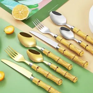 Edelstahl Besteck Set mit Bambus Griff, gold und silber Geschirr Küche Essbesteck Set neu.