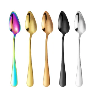 Stainless steel serrated fruit spoon and scraping spoon set in five assorted colors.