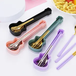 Portable guitar shaped 304 stainless steel cutlery set with chopsticks spoon and fork for gift