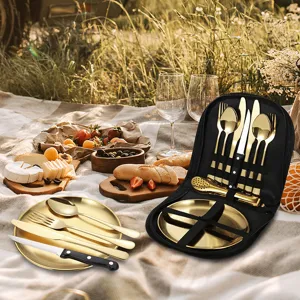 Set de couverts portable en acier inoxydable doré avec assiettes pour pique-nique