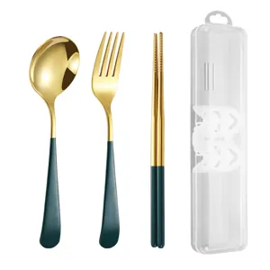 Portable 304 stainless steel tableware spoon fork chopsticks set with clear storage box