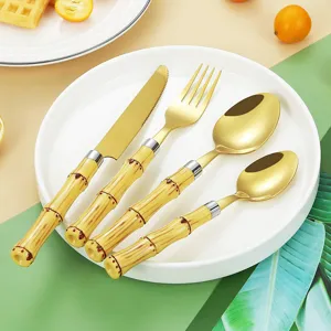 Goldenes Besteckset aus Edelstahl mit Bambusgriff Messer Gabel Löffel 4-teiliges Set