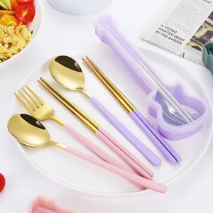 Portable stainless steel flatware set with guitar case, pink and purple handle fork spoon.