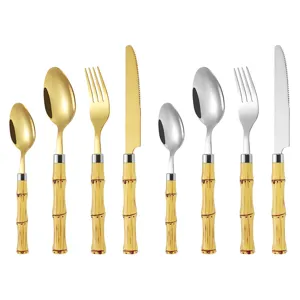 Edelstahl Besteckset mit Bambus Griffen, gold und silber Tischmesser Gabel und Löffel Set.