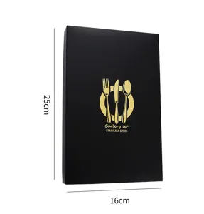 Luxury black stainless steel cutlery set gift box packaging, elegant gold design 25x16cm