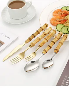 Stainless steel flatware set with bamboo handles knife fork and spoon for table decor