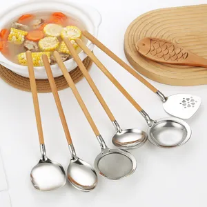 Utensilios de Cocina de Acero Inoxidable 304 Con Mango de Madera de Haya Estilo Japonés Cuchara de Sopa Cucharón Espátula Herramientas de Cocina Para Ramen Hogar