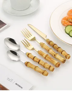 Stainless steel flatware set with bamboo style handle, elegant cutlery fork knife spoon.