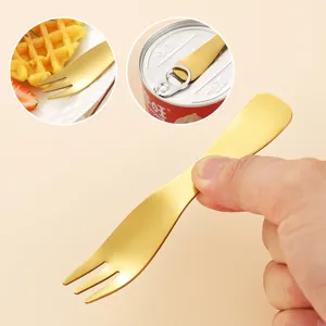 Cuchara y tenedor multifuncional de acero inoxidable para frutas, pasteles y conservas.