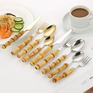 Retro Bamboo Handle Stainless Steel Cutlery For Wedding Banquet Gold Silver Mirror Polished Steak Knife Fork Spoon Western Dinnerware Collection