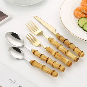 Stainless steel cutlery set with bamboo-like handle for dining, kitchen tableware 5pcs.