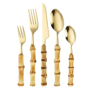 Gold stainless steel flatware set with bamboo style handles, 5 piece fork knife spoon table ware.
