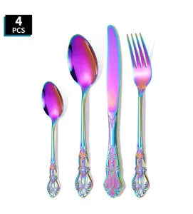 Vue detaillee de l ensemble de couverts 4 pieces en acier inoxydable arc en ciel vintage.