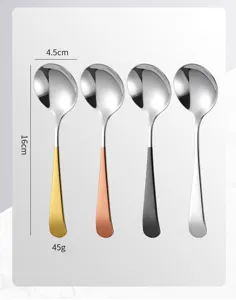 Stainless steel round spoon set, 4-piece colorful handle dinner soup spoon for home daily use.