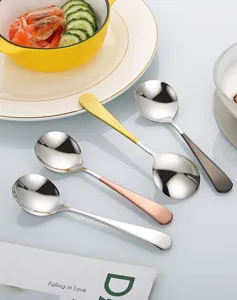 Thickened 304 stainless steel round spoons, multi-color soup spoons set for home daily use.