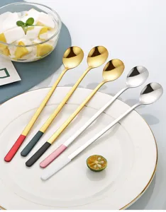 Long handle 304 stainless steel spoon colorful handle mixing spoon for dessert and bar.