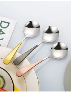 Stainless steel round spoon set, thickened colorful handle soup spoon for home daily use.