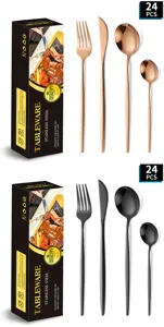 Set di posate da 24 pezzi in acciaio inossidabile, servizio di posate oro e nero.