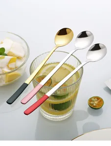 Long handle stainless steel spoon detail view, elegant colorful handle long stirring spoon for drinks.