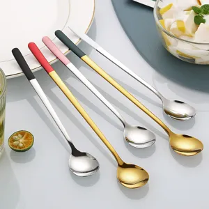 Long Handle Stainless Steel Spoon Korean Style Ice Stirring Bar Milk Tea Honey Mixer Elegant Creative Colorful Tableware Spoon