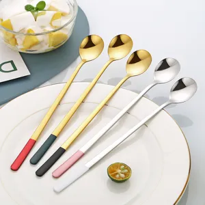 Long handle stainless steel mixing spoons set, colorful long spoons for coffee and dessert.
